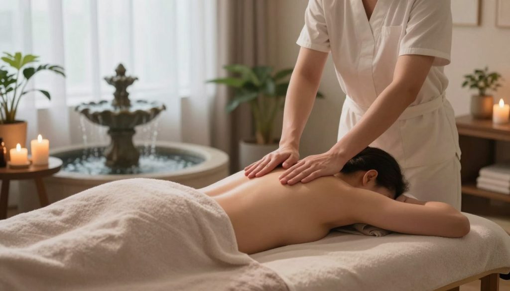 A serene and tranquil spa setting, designed to illustrate the effects of a massage and the importance of relaxation afterward. In the foreground, a plush massage table is warmly lit, adorned with soft towels and aromatic essential oils, emphasizing comfort and serenity. The middle ground features calming elements like a gently bubbling water fountain, potted plants, and softly glowing candles providing a peaceful ambiance. In the background, soft natural light filters through sheer curtains, creating a soothing atmosphere. The overall mood conveys relaxation and rejuvenation, inviting viewers to imagine the sensations of post-massage tranquility. The color palette includes soft pastels and earthy tones, enhancing the calming effect. A serene and tranquil spa setting, designed to illustrate the effects of a massage and the importance of relaxation afterward. In the foreground, a plush massage table is warmly lit, adorned with soft towels and aromatic essential oils, emphasizing comfort and serenity. The middle ground features calming elements like a gently bubbling water fountain, potted plants, and softly glowing candles providing a peaceful ambiance. In the background, soft natural light filters through sheer curtains, creating a soothing atmosphere. The overall mood conveys relaxation and rejuvenation, inviting viewers to imagine the sensations of post-massage tranquility. The color palette includes soft pastels and earthy tones, enhancing the calming effect.