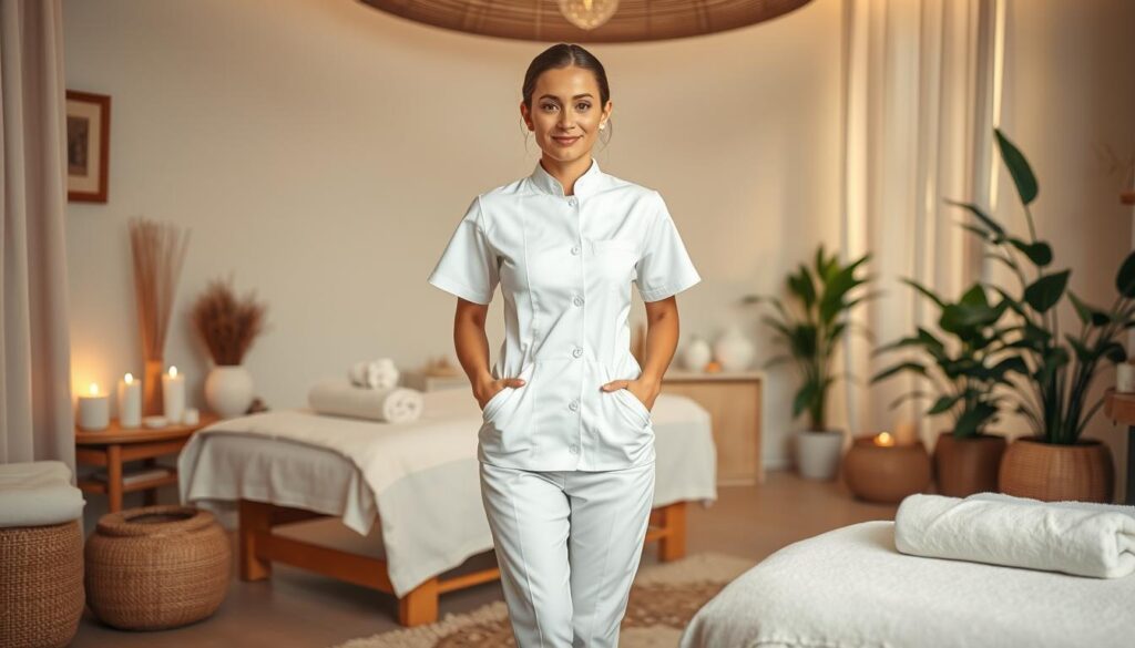A serene and tranquil spa setting, featuring a well-appointed massage therapy room with soft lighting and natural textures. In the foreground, a professional masseuse dressed in a crisp white uniform stands ready to provide a soothing and rejuvenating massage experience. The middle ground showcases an array of holistic wellness tools and accoutrements, hinting at the expertise and care provided by the skilled therapists. The background depicts a calming, spa-like ambiance with potted plants, soft fabrics, and a sense of relaxation and restoration. The overall scene conveys a sense of professionalism, comfort, and the promise of a transformative massage journey. A serene and tranquil spa setting, featuring a well-appointed massage therapy room with soft lighting and natural textures. In the foreground, a professional masseuse dressed in a crisp white uniform stands ready to provide a soothing and rejuvenating massage experience. The middle ground showcases an array of holistic wellness tools and accoutrements, hinting at the expertise and care provided by the skilled therapists. The background depicts a calming, spa-like ambiance with potted plants, soft fabrics, and a sense of relaxation and restoration. The overall scene conveys a sense of professionalism, comfort, and the promise of a transformative massage journey.