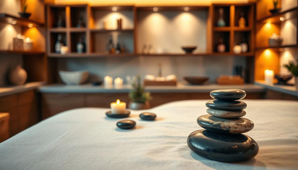 A serene and tranquil spa setting, showcasing an elegant massage room designed for "Ataköy sıcak taş masajı." In the foreground, a beautifully arranged massage table with smooth, warm healing stones carefully placed on a clean white sheet, casting soft, gentle shadows. In the middle, calming elements such as soothing candles, delicate stones, and a small potted plant, enhancing the relaxation atmosphere. The background features soft ambient lighting with warm tones that create a cozy and inviting environment. A blurred selection of luxurious wooden shelves displaying essential oils and attractive spa decor. The overall mood is peaceful and rejuvenating, inviting viewers to imagine the soothing experience of a hot stone massage. A serene and tranquil spa setting, showcasing an elegant massage room designed for "Ataköy sıcak taş masajı." In the foreground, a beautifully arranged massage table with smooth, warm healing stones carefully placed on a clean white sheet, casting soft, gentle shadows. In the middle, calming elements such as soothing candles, delicate stones, and a small potted plant, enhancing the relaxation atmosphere. The background features soft ambient lighting with warm tones that create a cozy and inviting environment. A blurred selection of luxurious wooden shelves displaying essential oils and attractive spa decor. The overall mood is peaceful and rejuvenating, inviting viewers to imagine the soothing experience of a hot stone massage.