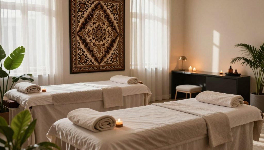 A serene and tranquil spa setting showcasing two distinct massage therapy areas representing the European and Anatolian sides of Istanbul. In the foreground, an elegantly arranged massage table with soft, neutral-toned linens, adorned with calming aromatherapy candles, set against a backdrop of lush green plants. In the middle, a split scene illustrating traditional Turkish decor on one side, featuring intricate patterns and artful ceramics, while the other side boasts modern minimalist design with sleek furniture and ambient lighting. The background includes soft, diffused sunlight filtering through sheer curtains, creating a warm, inviting atmosphere that highlights the differences in massage services. The overall mood is peaceful and restorative, emphasizing relaxation and well-being. Logical compositions focus on the aesthetic details without any human figures or text, capturing the essence of each cultural approach to massage. A serene and tranquil spa setting showcasing two distinct massage therapy areas representing the European and Anatolian sides of Istanbul. In the foreground, an elegantly arranged massage table with soft, neutral-toned linens, adorned with calming aromatherapy candles, set against a backdrop of lush green plants. In the middle, a split scene illustrating traditional Turkish decor on one side, featuring intricate patterns and artful ceramics, while the other side boasts modern minimalist design with sleek furniture and ambient lighting. The background includes soft, diffused sunlight filtering through sheer curtains, creating a warm, inviting atmosphere that highlights the differences in massage services. The overall mood is peaceful and restorative, emphasizing relaxation and well-being. Logical compositions focus on the aesthetic details without any human figures or text, capturing the essence of each cultural approach to massage.