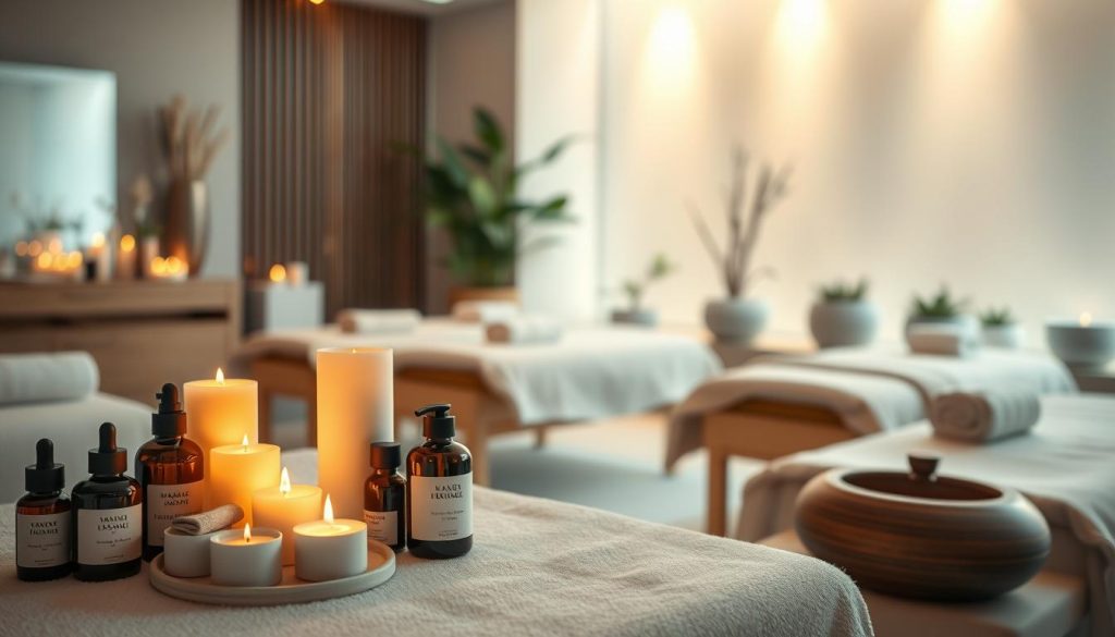 A serene and tranquil spa setting, with various massage options displayed elegantly. A soft, diffused lighting illuminates the scene, creating a calming atmosphere. In the foreground, a collection of massage oils, candles, and aromatherapy elements are neatly arranged, hinting at the relaxing experience to come. The middle ground features several massage tables, draped in luxurious fabrics, inviting the viewer to imagine the soothing touch of skilled therapists. In the background, a soothing water feature or potted plants add to the sense of natural, wellness-focused ambiance. The overall composition conveys the high-quality, indulgent nature of the spa's massage services.