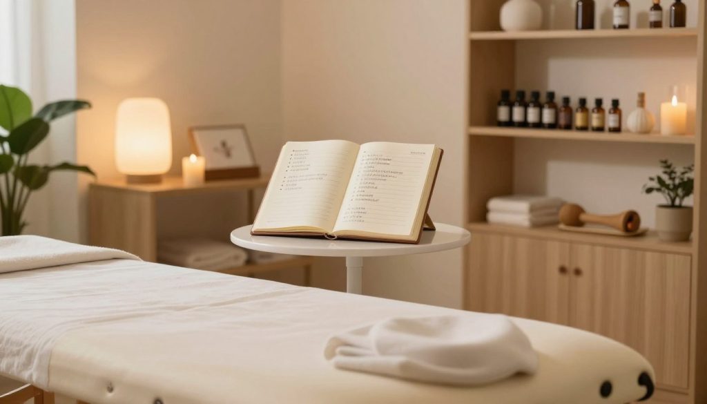 A serene and well-organized medical massage room, featuring a professional massage table in the foreground, surrounded by soothing decor. In the middle ground, display an open notebook on a small table, showcasing a detailed session plan with bullet points about the massage process, duration, and techniques. Soft ambient lighting creates a calming atmosphere, illuminating the space warmly. The background reveals shelves filled with essential oils and massage tools, as well as a potted plant that adds a touch of nature. The scene captures tranquility and professionalism, emphasizing the importance of a structured approach to medical massage therapy, conveying a sense of relaxation and healing. A serene and well-organized medical massage room, featuring a professional massage table in the foreground, surrounded by soothing decor. In the middle ground, display an open notebook on a small table, showcasing a detailed session plan with bullet points about the massage process, duration, and techniques. Soft ambient lighting creates a calming atmosphere, illuminating the space warmly. The background reveals shelves filled with essential oils and massage tools, as well as a potted plant that adds a touch of nature. The scene captures tranquility and professionalism, emphasizing the importance of a structured approach to medical massage therapy, conveying a sense of relaxation and healing.