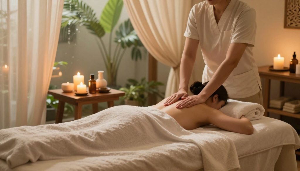 A serene antistress massage scene, showcasing a calming indoor space designed for relaxation. In the foreground, a plush massage table is adorned with soft, neutral-toned linens, inviting comfort. Gentle, warm ambient lighting filters through sheer drapery, creating a soothing glow that enhances the tranquil atmosphere. In the middle ground, a pair of professional massage oils and aromatic candles are arranged aesthetically on a wooden side table, contributing to the peaceful setting. The background features lush greenery and soft, flowing water, adding a natural touch to the environment. The overall mood exudes tranquility and relaxation, making it an ideal visual representation of stress relief and serene rejuvenation, perfect for illustrating the concept of antistress massage. A serene antistress massage scene, showcasing a calming indoor space designed for relaxation. In the foreground, a plush massage table is adorned with soft, neutral-toned linens, inviting comfort. Gentle, warm ambient lighting filters through sheer drapery, creating a soothing glow that enhances the tranquil atmosphere. In the middle ground, a pair of professional massage oils and aromatic candles are arranged aesthetically on a wooden side table, contributing to the peaceful setting. The background features lush greenery and soft, flowing water, adding a natural touch to the environment. The overall mood exudes tranquility and relaxation, making it an ideal visual representation of stress relief and serene rejuvenation, perfect for illustrating the concept of antistress massage.