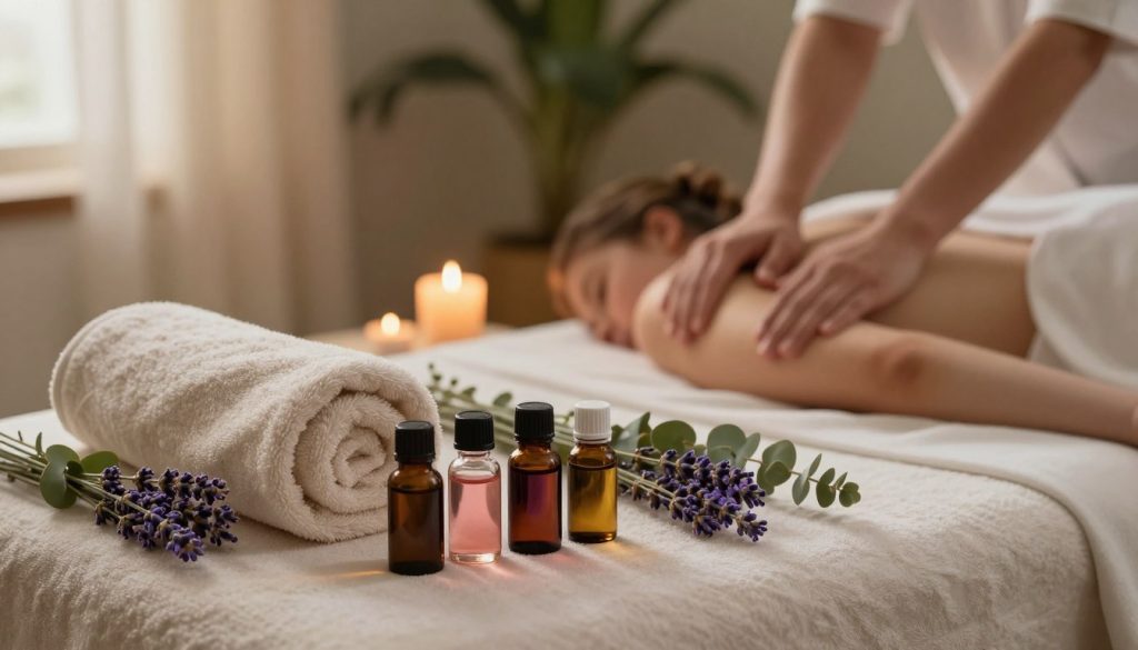A serene aromatherapy massage scene featuring an elegantly arranged massage table adorned with soft, plush towels and essential oil bottles. The foreground shows delicate vials of various essential oils in rich hues, alongside fresh herbs like lavender and eucalyptus to enhance the sensory experience. In the middle ground, the soothing ambiance is highlighted by a softly glowing candle, casting warm light and gentle shadows throughout the space. The background is filled with calming greenery and soft fabric drapes, creating an inviting atmosphere. The overall mood is tranquil and relaxing, with soft, diffused lighting that promotes a sense of well-being and relaxation, perfect for a massage therapy experience. The composition is viewed from a slightly elevated angle to capture the entire scene harmoniously. A serene aromatherapy massage scene featuring an elegantly arranged massage table adorned with soft, plush towels and essential oil bottles. The foreground shows delicate vials of various essential oils in rich hues, alongside fresh herbs like lavender and eucalyptus to enhance the sensory experience. In the middle ground, the soothing ambiance is highlighted by a softly glowing candle, casting warm light and gentle shadows throughout the space. The background is filled with calming greenery and soft fabric drapes, creating an inviting atmosphere. The overall mood is tranquil and relaxing, with soft, diffused lighting that promotes a sense of well-being and relaxation, perfect for a massage therapy experience. The composition is viewed from a slightly elevated angle to capture the entire scene harmoniously.
