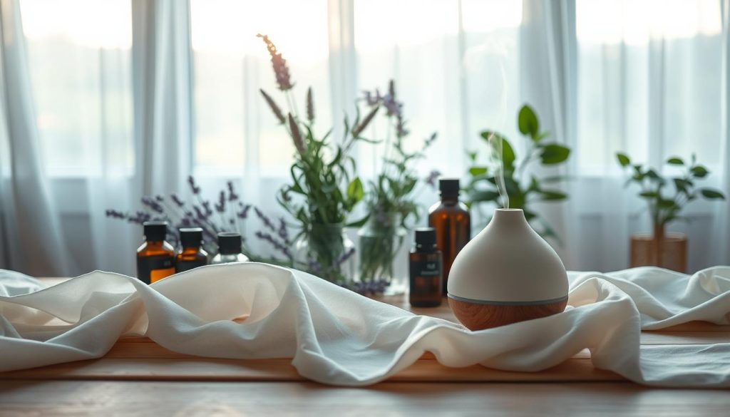 A serene aromatherapy scene ideal for mental balance, featuring an elegantly arranged selection of essential oils in glass bottles on a wooden table. In the foreground, soft, translucent fabrics drape elegantly, creating a gentle flow, while a delicate ceramic diffuser emits wisps of fragrant steam. The middle section showcases an array of plants and herbs, such as lavender and eucalyptus, enhancing the natural atmosphere. In the background, a soft morning light filters through sheer curtains, casting a warm glow over the space, evoking a peaceful and rejuvenating ambiance. The entire composition radiates tranquility and a sense of new beginnings, perfect for a fresh morning ritual. A serene aromatherapy scene ideal for mental balance, featuring an elegantly arranged selection of essential oils in glass bottles on a wooden table. In the foreground, soft, translucent fabrics drape elegantly, creating a gentle flow, while a delicate ceramic diffuser emits wisps of fragrant steam. The middle section showcases an array of plants and herbs, such as lavender and eucalyptus, enhancing the natural atmosphere. In the background, a soft morning light filters through sheer curtains, casting a warm glow over the space, evoking a peaceful and rejuvenating ambiance. The entire composition radiates tranquility and a sense of new beginnings, perfect for a fresh morning ritual.