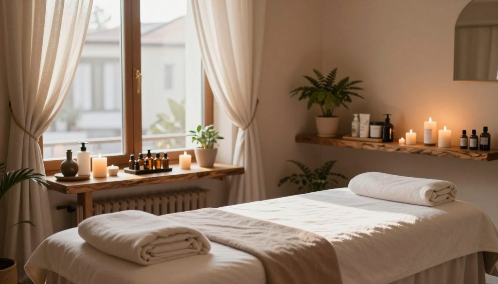A serene boutique massage studio in Istanbul’s Anadolu Yakası, featuring a tranquil and inviting atmosphere. In the foreground, a beautifully arranged massage table adorned with soft, neutral-toned linens and surrounded by delicate candles. In the middle ground, essential oils and soothing spa products are neatly displayed on a rustic wooden shelf. The background reveals a large window allowing soft, ambient sunlight to fill the room, featuring light, sheer curtains fluttering slightly in a gentle breeze. The walls are painted in calming earth tones, complemented by potted plants for a touch of nature. The overall mood is peaceful and relaxing, embodying the essence of a high-quality massage experience. The lighting should highlight the textures and colors, creating a warm and inviting ambiance. A serene boutique massage studio in Istanbul’s Anadolu Yakası, featuring a tranquil and inviting atmosphere. In the foreground, a beautifully arranged massage table adorned with soft, neutral-toned linens and surrounded by delicate candles. In the middle ground, essential oils and soothing spa products are neatly displayed on a rustic wooden shelf. The background reveals a large window allowing soft, ambient sunlight to fill the room, featuring light, sheer curtains fluttering slightly in a gentle breeze. The walls are painted in calming earth tones, complemented by potted plants for a touch of nature. The overall mood is peaceful and relaxing, embodying the essence of a high-quality massage experience. The lighting should highlight the textures and colors, creating a warm and inviting ambiance.