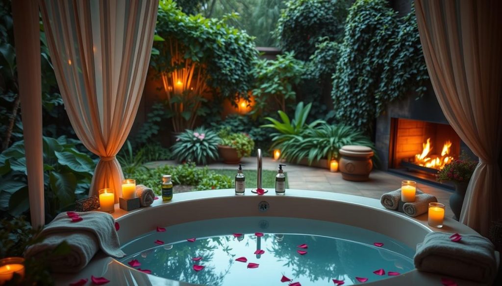 A serene, candlelit spa suite nestled in a lush, secluded garden. Soft, warm lighting filters through sheer curtains, casting a romantic glow. A luxurious, oversized tub takes center stage, surrounded by fragrant flowers and verdant greenery. Plush towels, scented oils, and rose petals hint at the indulgent pampering to come. In the background, a cozy fireplace crackles, creating an intimate, cocooning atmosphere perfect for a couple's wellness retreat. A serene, candlelit spa suite nestled in a lush, secluded garden. Soft, warm lighting filters through sheer curtains, casting a romantic glow. A luxurious, oversized tub takes center stage, surrounded by fragrant flowers and verdant greenery. Plush towels, scented oils, and rose petals hint at the indulgent pampering to come. In the background, a cozy fireplace crackles, creating an intimate, cocooning atmosphere perfect for a couple's wellness retreat.
