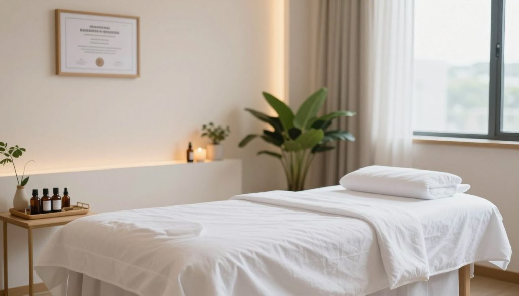 A serene, clean massage setup showcasing the essentials of hygiene and safety standards. In the foreground, a neatly arranged massage table with a soft, white, sterile sheet, positioned beside a small table displaying essential oil bottles and a towel rack. In the middle, a well-organized room with glowing soft lighting that casts a warm ambiance, complemented by calming green plants. In the background, a minimalist wall featuring a certificate of hygiene standards framed elegantly, and a large window letting in gentle natural light, providing a sense of tranquility. Overall, the mood is peaceful, professional, and inviting, reflecting a dedication to safe and hygienic massage practices. A serene, clean massage setup showcasing the essentials of hygiene and safety standards. In the foreground, a neatly arranged massage table with a soft, white, sterile sheet, positioned beside a small table displaying essential oil bottles and a towel rack. In the middle, a well-organized room with glowing soft lighting that casts a warm ambiance, complemented by calming green plants. In the background, a minimalist wall featuring a certificate of hygiene standards framed elegantly, and a large window letting in gentle natural light, providing a sense of tranquility. Overall, the mood is peaceful, professional, and inviting, reflecting a dedication to safe and hygienic massage practices.