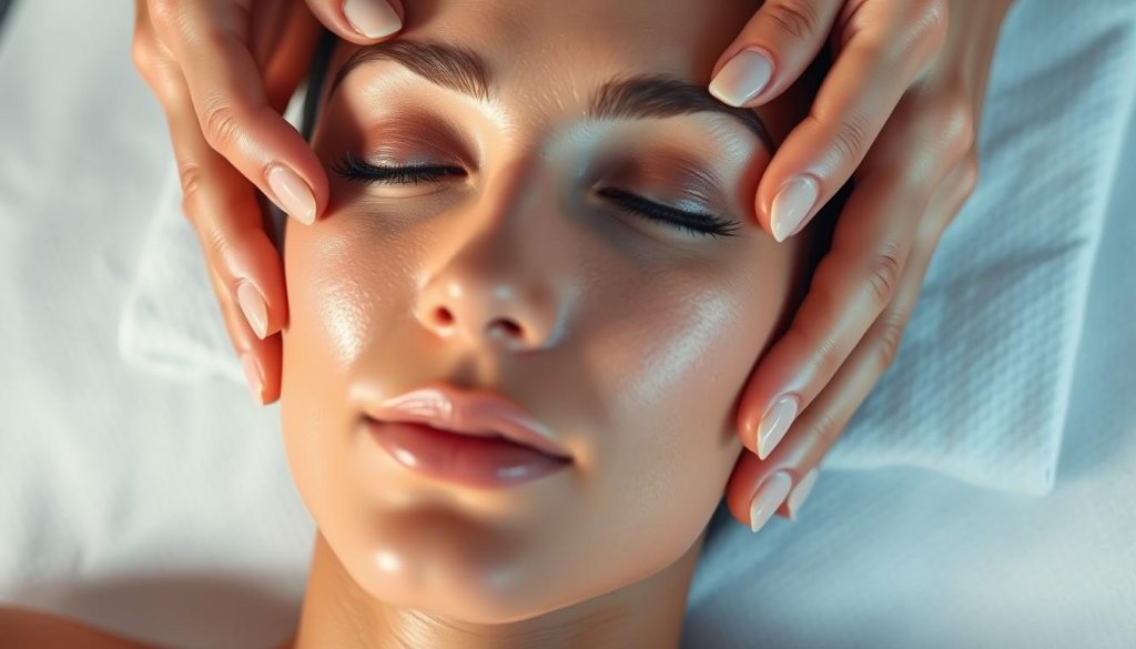 A serene, close-up facial massage scene in a softly lit, tranquil environment. The model's face is gently cradled by delicate hands, fingers methodically working along the contours of the cheeks, temples, and forehead in flowing, circular motions. Subtle highlights accentuate the natural facial features, while a soothing, diffused lighting creates a relaxed, spa-like ambiance. The composition focuses on the massage process, emphasizing the technical details of the techniques applied to the eyes, neck, and brow regions. The overall mood is one of deep relaxation and rejuvenation. A serene, close-up facial massage scene in a softly lit, tranquil environment. The model's face is gently cradled by delicate hands, fingers methodically working along the contours of the cheeks, temples, and forehead in flowing, circular motions. Subtle highlights accentuate the natural facial features, while a soothing, diffused lighting creates a relaxed, spa-like ambiance. The composition focuses on the massage process, emphasizing the technical details of the techniques applied to the eyes, neck, and brow regions. The overall mood is one of deep relaxation and rejuvenation.