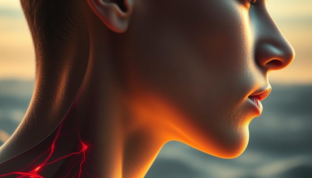 A serene, close-up view of a human face in profile, with the skin softly illuminated by warm, natural lighting. The focus is on the neck and jawline, where the delicate circulatory system is visible, with intricate networks of blood vessels pulsing with vibrant crimson hues. The background is a muted, ethereal landscape, hinting at the deeper, scientific principles underlying the physiological processes of the body. The overall composition conveys a sense of tranquility and wonder, inviting the viewer to contemplate the remarkable complexity of the human form. A serene, close-up view of a human face in profile, with the skin softly illuminated by warm, natural lighting. The focus is on the neck and jawline, where the delicate circulatory system is visible, with intricate networks of blood vessels pulsing with vibrant crimson hues. The background is a muted, ethereal landscape, hinting at the deeper, scientific principles underlying the physiological processes of the body. The overall composition conveys a sense of tranquility and wonder, inviting the viewer to contemplate the remarkable complexity of the human form.