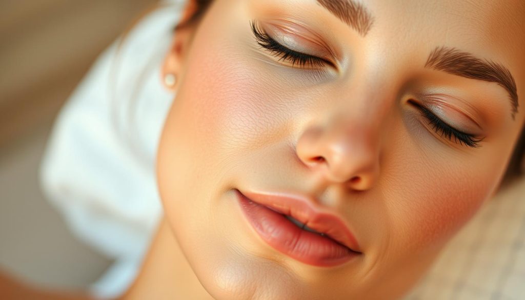 A serene, close-up view of a woman's face, with a soft, glowing complexion and a tranquil expression. Her skin appears radiant, with a subtle sheen that suggests a recent massage or moisturizing treatment. The lighting is warm and diffused, creating a gentle, relaxed atmosphere. The focus is on the forefront of the face, allowing the viewer to appreciate the healthy, hydrated appearance of the skin. The background is blurred, minimizing distractions and placing the emphasis on the skin's nourished, revitalized state. The image conveys a sense of inner and outer rejuvenation, reflecting the benefits of massage and skin care. A serene, close-up view of a woman's face, with a soft, glowing complexion and a tranquil expression. Her skin appears radiant, with a subtle sheen that suggests a recent massage or moisturizing treatment. The lighting is warm and diffused, creating a gentle, relaxed atmosphere. The focus is on the forefront of the face, allowing the viewer to appreciate the healthy, hydrated appearance of the skin. The background is blurred, minimizing distractions and placing the emphasis on the skin's nourished, revitalized state. The image conveys a sense of inner and outer rejuvenation, reflecting the benefits of massage and skin care.