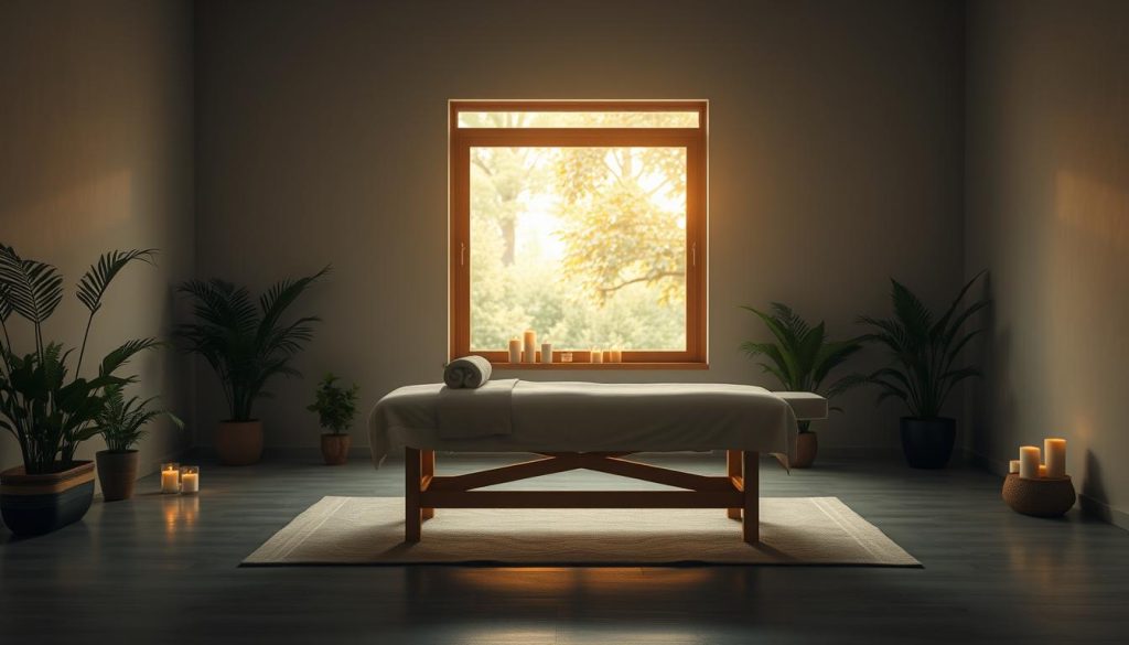 A serene, contemplative scene depicting the physical and mental effects of massage. In the foreground, soft, diffused light illuminates a tranquil, minimalist interior with muted tones. A massage table occupies the central space, its clean lines and plush cushions inviting relaxation. Surrounding the table, lush potted plants and a scattering of candles create a soothing, natural ambiance. In the background, a large window allows natural light to filter in, casting a warm, golden glow and hinting at the calming outdoor environment beyond. The overall mood is one of deep tranquility, balance, and holistic well-being, capturing the restorative power of massage for the body and mind. A serene, contemplative scene depicting the physical and mental effects of massage. In the foreground, soft, diffused light illuminates a tranquil, minimalist interior with muted tones. A massage table occupies the central space, its clean lines and plush cushions inviting relaxation. Surrounding the table, lush potted plants and a scattering of candles create a soothing, natural ambiance. In the background, a large window allows natural light to filter in, casting a warm, golden glow and hinting at the calming outdoor environment beyond. The overall mood is one of deep tranquility, balance, and holistic well-being, capturing the restorative power of massage for the body and mind.