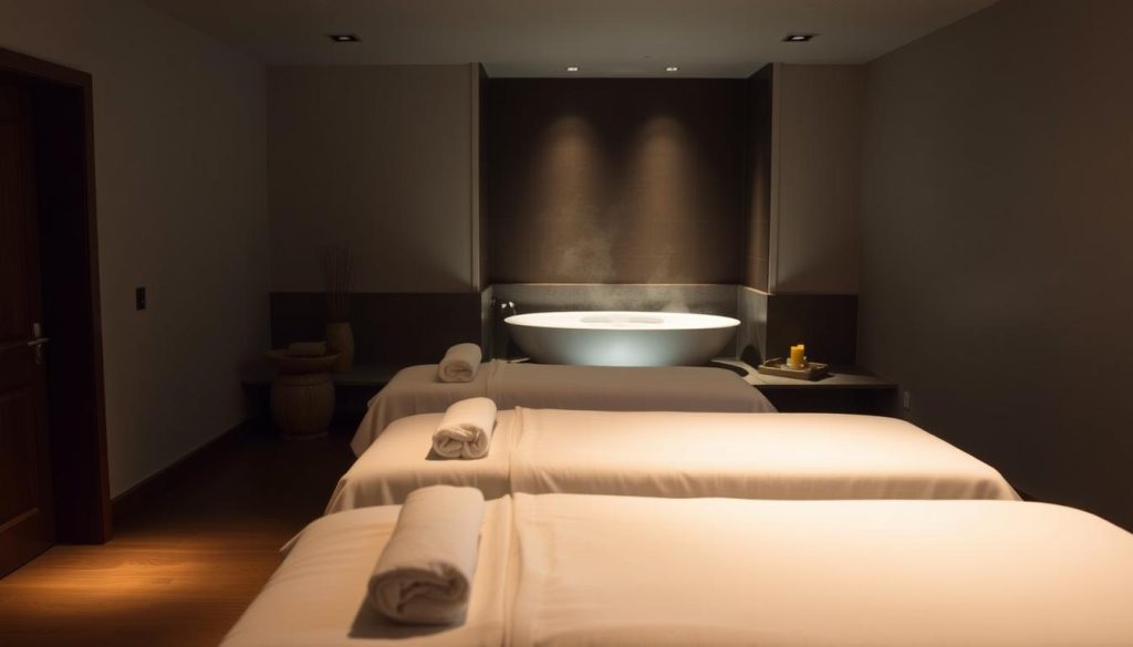A serene couples' spa retreat, with two plush massage tables set side-by-side in a tranquil, dimly-lit room. Soft, ambient lighting casts a warm glow, highlighting the luxurious textures of crisp white linens and natural wood accents. In the background, a large, inviting jacuzzi tub sits nestled in a nook, steam gently rising. The atmosphere is one of intimate relaxation, with the focus on pampering and rejuvenation for two. A serene couples' spa retreat, with two plush massage tables set side-by-side in a tranquil, dimly-lit room. Soft, ambient lighting casts a warm glow, highlighting the luxurious textures of crisp white linens and natural wood accents. In the background, a large, inviting jacuzzi tub sits nestled in a nook, steam gently rising. The atmosphere is one of intimate relaxation, with the focus on pampering and rejuvenation for two.