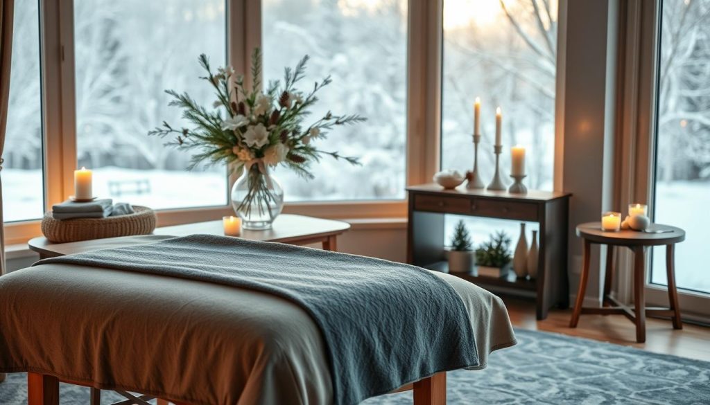 A serene, cozy scene of a winter wellness routine. A plush, inviting massage table stands in the foreground, adorned with soft, luxurious textiles in calming hues of blue and gray. In the middle ground, an elegant vase of winter flora - pine branches, pinecones, and delicate white flowers - rests on a polished wooden side table. The background depicts a tranquil, snow-covered landscape visible through large, airy windows, bathed in the warm, diffused glow of natural light. Candles flicker, casting a gentle, soothing ambiance throughout the space. An atmosphere of self-care, relaxation, and rejuvenation pervades the scene. A serene, cozy scene of a winter wellness routine. A plush, inviting massage table stands in the foreground, adorned with soft, luxurious textiles in calming hues of blue and gray. In the middle ground, an elegant vase of winter flora - pine branches, pinecones, and delicate white flowers - rests on a polished wooden side table. The background depicts a tranquil, snow-covered landscape visible through large, airy windows, bathed in the warm, diffused glow of natural light. Candles flicker, casting a gentle, soothing ambiance throughout the space. An atmosphere of self-care, relaxation, and rejuvenation pervades the scene.