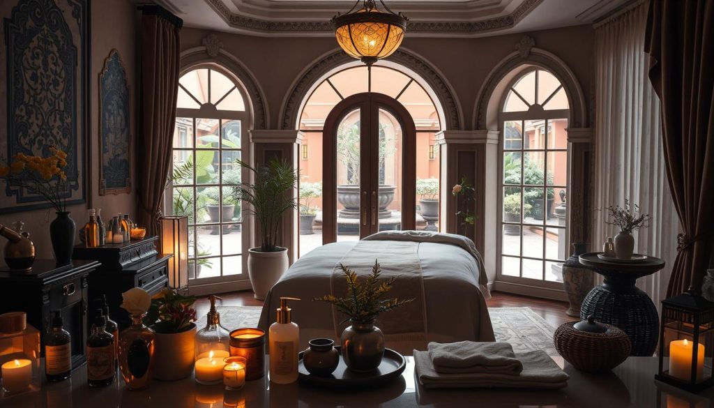 A serene, dimly lit interior of a high-end İstanbul massage salon. Plush, luxurious decor with ornate Turkish design elements, soft ambient lighting, and an inviting atmosphere. In the foreground, a display of various massage oils, lotions, and therapeutic tools. In the middle ground, a massage table draped in fine linens, surrounded by delicate potted plants and subtle Asian-inspired accents. The background features elegant arched doorways, rich textiles, and a glimpse of a tranquil courtyard garden beyond. The overall scene conveys a sense of relaxation, pampering, and authentic Turkish wellness experience. A serene, dimly lit interior of a high-end İstanbul massage salon. Plush, luxurious decor with ornate Turkish design elements, soft ambient lighting, and an inviting atmosphere. In the foreground, a display of various massage oils, lotions, and therapeutic tools. In the middle ground, a massage table draped in fine linens, surrounded by delicate potted plants and subtle Asian-inspired accents. The background features elegant arched doorways, rich textiles, and a glimpse of a tranquil courtyard garden beyond. The overall scene conveys a sense of relaxation, pampering, and authentic Turkish wellness experience.