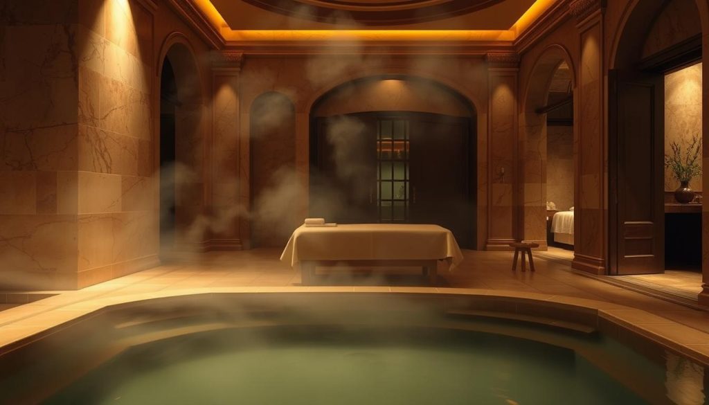 A serene, dimly lit interior of a traditional Turkish bathhouse, the Anadolu Yakası spa experience. Warm, earthy tones of the marble and stone walls create a sense of tranquility. Soft, diffused lighting casts a gentle glow, highlighting the ornate architectural details. In the foreground, a sunken pool of steaming water, its surface gently rippling. Wisps of fragrant steam rise, creating an atmospheric mist. In the middle ground, a massage table draped in plush linens, signifying the blend of centuries-old hammam ritual and modern therapeutic treatments. The background features additional private treatment rooms, their doorways partially obscured, hinting at the expansive nature of this holistic wellness haven. A serene, dimly lit interior of a traditional Turkish bathhouse, the Anadolu Yakası spa experience. Warm, earthy tones of the marble and stone walls create a sense of tranquility. Soft, diffused lighting casts a gentle glow, highlighting the ornate architectural details. In the foreground, a sunken pool of steaming water, its surface gently rippling. Wisps of fragrant steam rise, creating an atmospheric mist. In the middle ground, a massage table draped in plush linens, signifying the blend of centuries-old hammam ritual and modern therapeutic treatments. The background features additional private treatment rooms, their doorways partially obscured, hinting at the expansive nature of this holistic wellness haven.