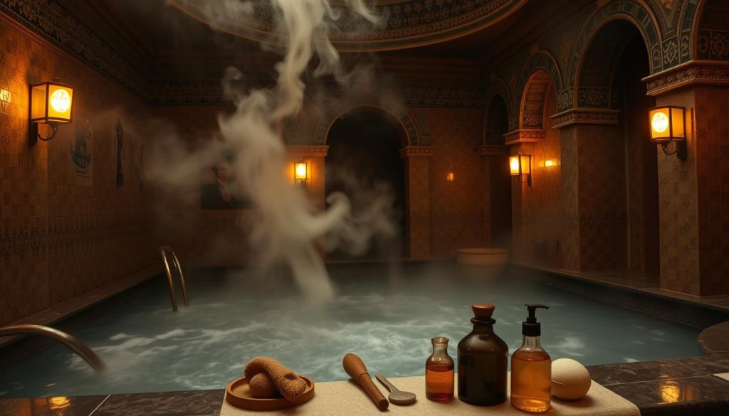 A serene, dimly lit interior of an Ottoman-style hammam, where swirling steam and the gentle hum of water evoke the timeless ritual of massage. Ornate tiled walls and arched ceilings create an atmosphere of tranquility, while soft lighting casts a warm, amber glow. In the foreground, a display of traditional massage tools and oils, hinting at the ancient wisdom and techniques that have been passed down through generations. The scene captures the cultural essence of Istanbul's enduring masaj culture, a practice that has long been woven into the fabric of the city's identity. A serene, dimly lit interior of an Ottoman-style hammam, where swirling steam and the gentle hum of water evoke the timeless ritual of massage. Ornate tiled walls and arched ceilings create an atmosphere of tranquility, while soft lighting casts a warm, amber glow. In the foreground, a display of traditional massage tools and oils, hinting at the ancient wisdom and techniques that have been passed down through generations. The scene captures the cultural essence of Istanbul's enduring masaj culture, a practice that has long been woven into the fabric of the city's identity.