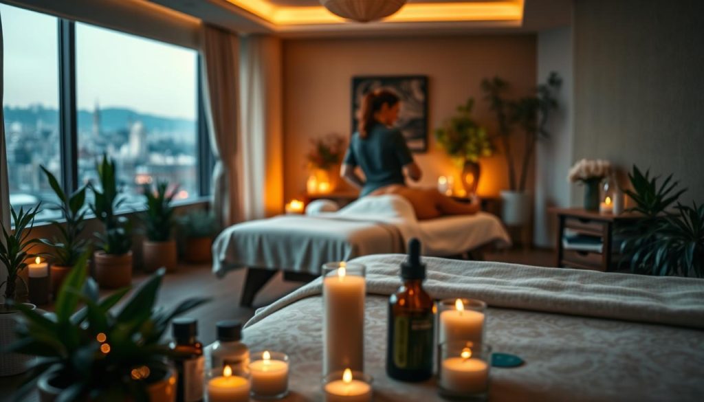 A serene, dimly lit massage center in Istanbul, with warm lighting casting a soothing glow. Soft, plush massage tables surrounded by potted plants and natural decor, creating a tranquil, spa-like atmosphere. In the foreground, a selection of essential oils and aromatherapy candles, their scents subtly wafting through the air. The middle ground features a skilled masseuse, their hands gently kneading a client's back, promoting relaxation and wellness. The background is a blurred, calming scene of the city outside, with the faint sounds of the bustling metropolis muted, allowing for a peaceful, immersive experience. A serene, dimly lit massage center in Istanbul, with warm lighting casting a soothing glow. Soft, plush massage tables surrounded by potted plants and natural decor, creating a tranquil, spa-like atmosphere. In the foreground, a selection of essential oils and aromatherapy candles, their scents subtly wafting through the air. The middle ground features a skilled masseuse, their hands gently kneading a client's back, promoting relaxation and wellness. The background is a blurred, calming scene of the city outside, with the faint sounds of the bustling metropolis muted, allowing for a peaceful, immersive experience.