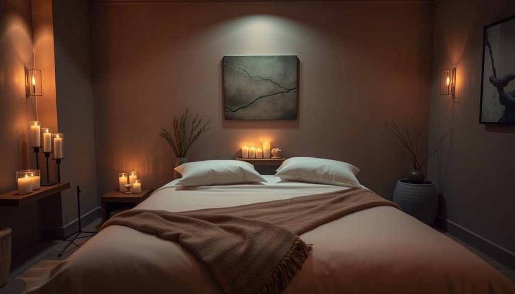 A serene, dimly lit massage room with a warm, inviting atmosphere. Soft, ambient lighting creates a cozy, romantic ambiance, casting a gentle glow on the plush, king-sized bed draped in luxurious linens. Soothing aromatherapy candles flicker, filling the air with calming, earthy scents. Plush, oversized pillows and a cozy throw blanket adorn the bed, inviting couples to sink into a state of pure relaxation. The walls are adorned with subtle, abstract artwork, adding a touch of elegance to the space. A tranquil, trickling water feature provides a serene, natural soundtrack, further enhancing the tranquil, sensual mood. A serene, dimly lit massage room with a warm, inviting atmosphere. Soft, ambient lighting creates a cozy, romantic ambiance, casting a gentle glow on the plush, king-sized bed draped in luxurious linens. Soothing aromatherapy candles flicker, filling the air with calming, earthy scents. Plush, oversized pillows and a cozy throw blanket adorn the bed, inviting couples to sink into a state of pure relaxation. The walls are adorned with subtle, abstract artwork, adding a touch of elegance to the space. A tranquil, trickling water feature provides a serene, natural soundtrack, further enhancing the tranquil, sensual mood.