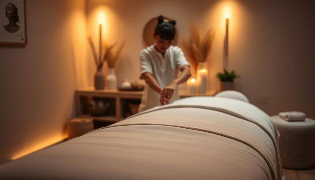A serene, dimly lit massage studio in Istanbul, with soft, warm lighting casting a tranquil glow. The foreground features a plush massage table draped in crisp white linens, while in the middle ground, a skilled masseuse's hands gently knead and soothe the muscles of a client. The background showcases a calming, minimalist decor with neutral tones, natural textures, and a hint of greenery, creating a peaceful, spa-like ambiance. The entire scene evokes a sense of relaxation, rejuvenation, and the therapeutic power of professional touch. A serene, dimly lit massage studio in Istanbul, with soft, warm lighting casting a tranquil glow. The foreground features a plush massage table draped in crisp white linens, while in the middle ground, a skilled masseuse's hands gently knead and soothe the muscles of a client. The background showcases a calming, minimalist decor with neutral tones, natural textures, and a hint of greenery, creating a peaceful, spa-like ambiance. The entire scene evokes a sense of relaxation, rejuvenation, and the therapeutic power of professional touch.