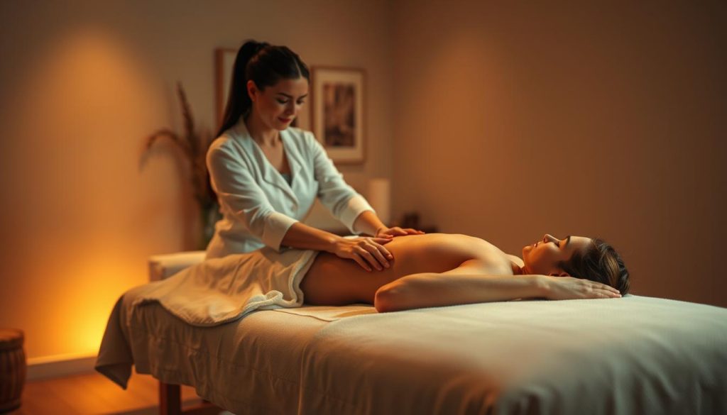 A serene, dimly lit massage studio with warm, diffused lighting casting a calming ambiance. In the foreground, a skilled massage therapist, dressed in crisp white linens, performs a soothing full-body massage on a relaxed client lying on a plush, cushioned table. The therapist's hands move with precise, flowing motions, conveying a sense of professionalism and expertise. The background features subtle, minimalist decor - perhaps a few plants, calming artwork, and muted tones that create a tranquil, rejuvenating atmosphere. The overall scene exudes a high level of care, comfort, and therapeutic expertise. A serene, dimly lit massage studio with warm, diffused lighting casting a calming ambiance. In the foreground, a skilled massage therapist, dressed in crisp white linens, performs a soothing full-body massage on a relaxed client lying on a plush, cushioned table. The therapist's hands move with precise, flowing motions, conveying a sense of professionalism and expertise. The background features subtle, minimalist decor - perhaps a few plants, calming artwork, and muted tones that create a tranquil, rejuvenating atmosphere. The overall scene exudes a high level of care, comfort, and therapeutic expertise.