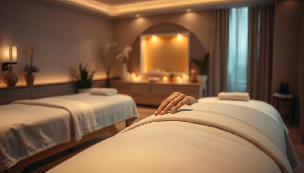 A serene, dimly lit massage therapy room in Istanbul's Aksaray district, featuring plush, inviting massage tables draped with soft, luxurious linens. Warm, indirect lighting casts a calming glow, while delicate potted plants and subtle aromatherapy create a soothing, spa-like atmosphere. In the foreground, a professional massage therapist's hands gently kneading and manipulating the muscles of a client, their technique precise and intuitive. The middle ground showcases the room's elegant, minimalist decor, with natural wood accents and neutral tones. The background blurs into a serene, out-of-focus scene, conveying a sense of tranquility and escape. A serene, dimly lit massage therapy room in Istanbul's Aksaray district, featuring plush, inviting massage tables draped with soft, luxurious linens. Warm, indirect lighting casts a calming glow, while delicate potted plants and subtle aromatherapy create a soothing, spa-like atmosphere. In the foreground, a professional massage therapist's hands gently kneading and manipulating the muscles of a client, their technique precise and intuitive. The middle ground showcases the room's elegant, minimalist decor, with natural wood accents and neutral tones. The background blurs into a serene, out-of-focus scene, conveying a sense of tranquility and escape.