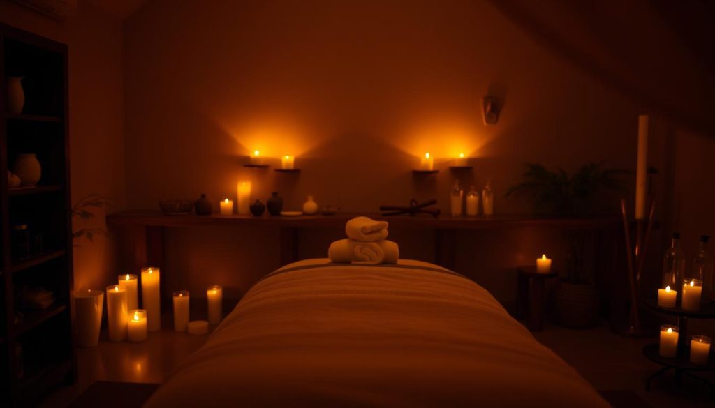 A serene, dimly-lit room, filled with the gentle glow of candlelight. The air is heavy with the soothing aromas of essential oils, creating a meditative atmosphere. In the center, a plush massage table awaits, its soft fabric inviting touch. Nearby, a selection of natural, organic massage oils and tools are neatly arranged, each element a testament to the care and attention put into this intimate experience. The room is bathed in a warm, golden hue, casting a comforting glow and evoking a sense of tranquility. Shadows dance across the walls, creating a soothing rhythm that echoes the gentle movements of the masseuse. This is a sanctuary of solace, where the senses are indulged, and the soul is nourished. A serene, dimly-lit room, filled with the gentle glow of candlelight. The air is heavy with the soothing aromas of essential oils, creating a meditative atmosphere. In the center, a plush massage table awaits, its soft fabric inviting touch. Nearby, a selection of natural, organic massage oils and tools are neatly arranged, each element a testament to the care and attention put into this intimate experience. The room is bathed in a warm, golden hue, casting a comforting glow and evoking a sense of tranquility. Shadows dance across the walls, creating a soothing rhythm that echoes the gentle movements of the masseuse. This is a sanctuary of solace, where the senses are indulged, and the soul is nourished.