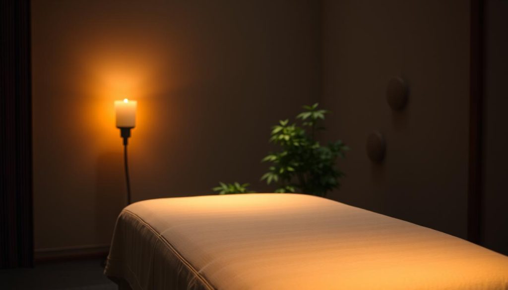 A serene, dimly lit room with a tranquil atmosphere. In the foreground, a massage table draped in soft, linen fabric, inviting the viewer to imagine the calming Shiatsu massage experience. Soft, warm lighting casts a soothing glow, creating an immersive and relaxing ambiance. In the middle ground, delicate bamboo stalks and lush, verdant plants add a touch of natural serenity, hinting at the holistic, Eastern-inspired approach of Shiatsu. The background features a minimalist, zen-inspired aesthetic with clean lines and subtle textures, emphasizing the focus on mindfulness and balance. The overall composition evokes a sense of deep relaxation, inviting the viewer to envision the restorative benefits of the Shiatsu massage technique. A serene, dimly lit room with a tranquil atmosphere. In the foreground, a massage table draped in soft, linen fabric, inviting the viewer to imagine the calming Shiatsu massage experience. Soft, warm lighting casts a soothing glow, creating an immersive and relaxing ambiance. In the middle ground, delicate bamboo stalks and lush, verdant plants add a touch of natural serenity, hinting at the holistic, Eastern-inspired approach of Shiatsu. The background features a minimalist, zen-inspired aesthetic with clean lines and subtle textures, emphasizing the focus on mindfulness and balance. The overall composition evokes a sense of deep relaxation, inviting the viewer to envision the restorative benefits of the Shiatsu massage technique.