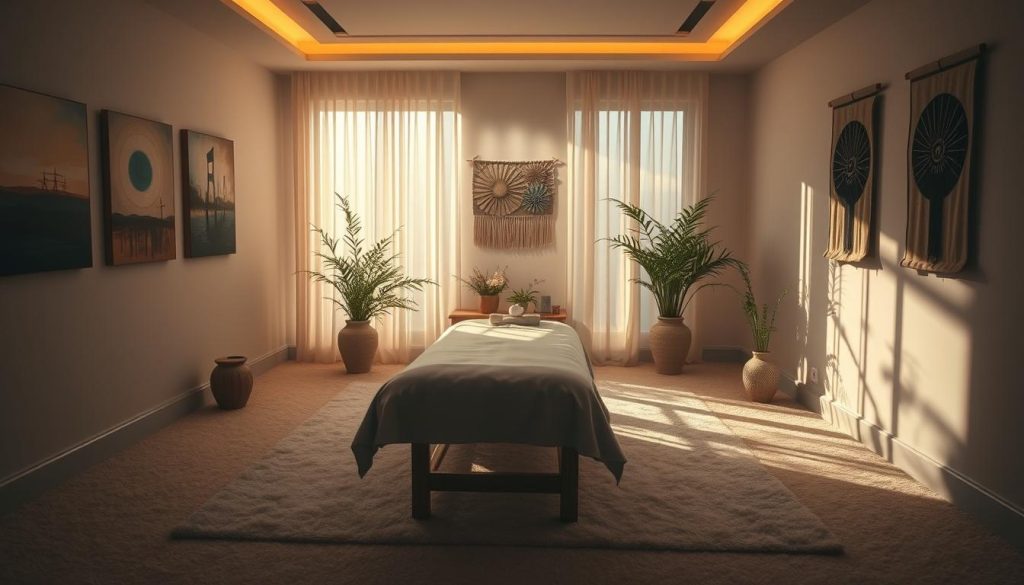 A serene, dimly lit room with plush carpets and soft lighting, creating a tranquil, spa-like ambiance. In the center, a massage table with crisp white linens, surrounded by lush greenery and delicate floral arrangements. The walls adorned with abstract paintings and calming wall hangings, conveying a sense of harmony and healing. Gentle rays of light filter through sheer curtains, casting a warm glow on the scene. The atmosphere is one of deep relaxation and introspection, inviting the viewer to immerse themselves in the restorative philosophy of masöz terapi. A serene, dimly lit room with plush carpets and soft lighting, creating a tranquil, spa-like ambiance. In the center, a massage table with crisp white linens, surrounded by lush greenery and delicate floral arrangements. The walls adorned with abstract paintings and calming wall hangings, conveying a sense of harmony and healing. Gentle rays of light filter through sheer curtains, casting a warm glow on the scene. The atmosphere is one of deep relaxation and introspection, inviting the viewer to immerse themselves in the restorative philosophy of masöz terapi.