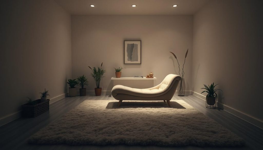 A serene, dimly lit room with soft lighting and a plush, inviting chaise longue in the center. The atmosphere exudes a sense of tranquility and introspection. The space is adorned with subtle, minimalist decor, such as a few potted plants and a delicate piece of artwork on the wall. The floor is covered in a luxurious, thick-pile rug, and the walls are painted in a soothing, muted color palette. The overall scene conveys a sense of retreat, self-reflection, and the rejuvenation of the senses. A serene, dimly lit room with soft lighting and a plush, inviting chaise longue in the center. The atmosphere exudes a sense of tranquility and introspection. The space is adorned with subtle, minimalist decor, such as a few potted plants and a delicate piece of artwork on the wall. The floor is covered in a luxurious, thick-pile rug, and the walls are painted in a soothing, muted color palette. The overall scene conveys a sense of retreat, self-reflection, and the rejuvenation of the senses.