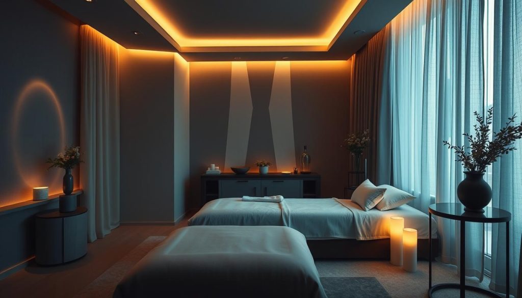A serene, dimly lit room with warm ambient lighting, showcasing the elegant and sophisticated interiors of a boutique massage studio nestled in the heart of a prestigious neighborhood in Istanbul. The space features luxurious fabrics, plush furnishings, and minimalist decor that create a tranquil, restorative atmosphere, inviting guests to escape the bustling city. Soft shadows cast by the indirect lighting accentuate the textures and contours of the carefully curated design elements, evoking a sense of refined luxury and relaxation. The image conveys a calming, meditative mood, reflecting the sanctuary-like experience of these hidden wellness oases within Istanbul's vibrant urban landscape. A serene, dimly lit room with warm ambient lighting, showcasing the elegant and sophisticated interiors of a boutique massage studio nestled in the heart of a prestigious neighborhood in Istanbul. The space features luxurious fabrics, plush furnishings, and minimalist decor that create a tranquil, restorative atmosphere, inviting guests to escape the bustling city. Soft shadows cast by the indirect lighting accentuate the textures and contours of the carefully curated design elements, evoking a sense of refined luxury and relaxation. The image conveys a calming, meditative mood, reflecting the sanctuary-like experience of these hidden wellness oases within Istanbul's vibrant urban landscape.