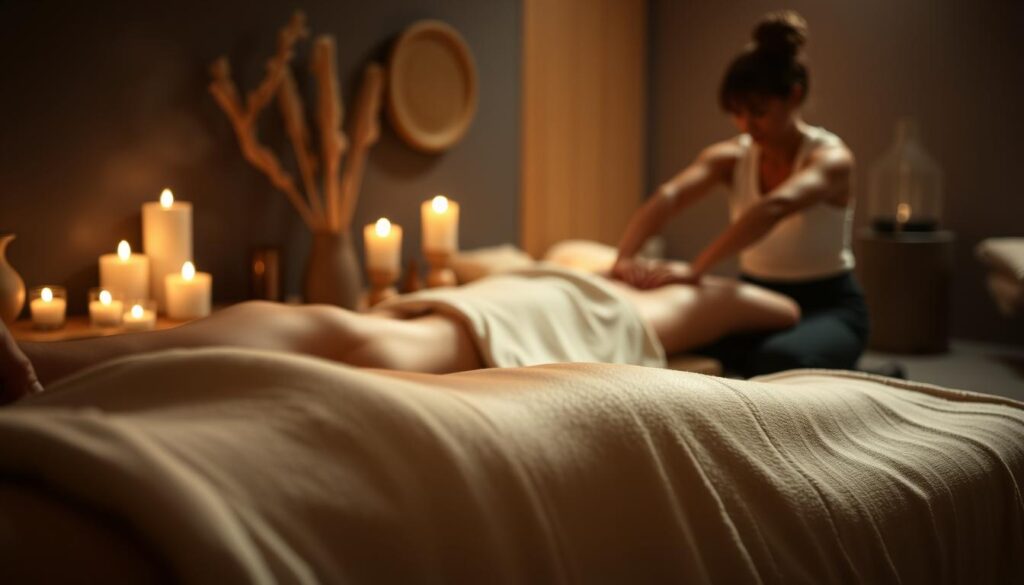 A serene, dimly lit spa setting showcasing various massage techniques. In the foreground, a soothing oil massage with long, fluid strokes. In the middle ground, a Thai-inspired stretching session, the therapist's hands gently guiding the client's limbs. The background features a tranquil scene of candles, aromatherapy diffusers, and plush, earthy textures, creating a calming atmosphere. The lighting is soft and diffused, casting a warm, inviting glow. The perspective is slightly elevated, allowing the viewer to observe the different massage modalities harmoniously coexisting in this therapeutic environment. A serene, dimly lit spa setting showcasing various massage techniques. In the foreground, a soothing oil massage with long, fluid strokes. In the middle ground, a Thai-inspired stretching session, the therapist's hands gently guiding the client's limbs. The background features a tranquil scene of candles, aromatherapy diffusers, and plush, earthy textures, creating a calming atmosphere. The lighting is soft and diffused, casting a warm, inviting glow. The perspective is slightly elevated, allowing the viewer to observe the different massage modalities harmoniously coexisting in this therapeutic environment.
