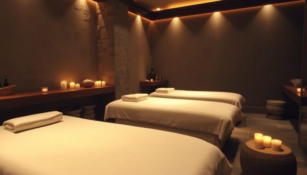 A serene, dimly lit spa setting with plush, inviting massage tables, the warm glow of candles, and the soothing fragrance of essential oils in the air. Soft, natural textures such as smooth stone, rich wood, and soft fabrics create a tranquil, luxurious atmosphere. Discreet, high-end spa amenities and accents are visible, hinting at the range of premium services available. The scene evokes a sense of relaxation, indulgence, and an elevated pampering experience. A serene, dimly lit spa setting with plush, inviting massage tables, the warm glow of candles, and the soothing fragrance of essential oils in the air. Soft, natural textures such as smooth stone, rich wood, and soft fabrics create a tranquil, luxurious atmosphere. Discreet, high-end spa amenities and accents are visible, hinting at the range of premium services available. The scene evokes a sense of relaxation, indulgence, and an elevated pampering experience.