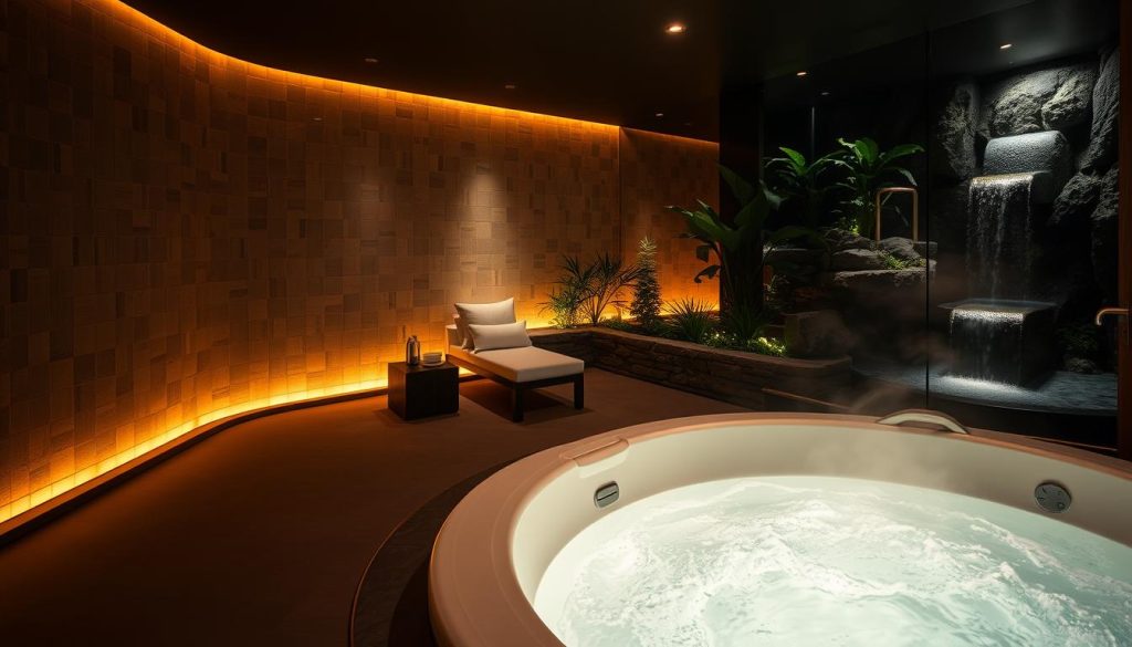 A serene, dimly lit spa wet area with a tranquil atmosphere. The camera captures a luxurious, tiled steam room, its walls adorned with soothing, warm lighting. In the foreground, a sleek, modern-style whirlpool tub sits invitingly, the water glistening with steam. The middle ground reveals plush, monochromatic lounge chairs, creating a cozy, relaxing space. The background showcases a serene, natural-inspired design, with lush greenery and a gentle waterfall feature, heightening the overall calming ambiance. This scene evokes a holistic spa experience, blending elements of water, heat, and nature to provide a truly indulgent and rejuvenating retreat. A serene, dimly lit spa wet area with a tranquil atmosphere. The camera captures a luxurious, tiled steam room, its walls adorned with soothing, warm lighting. In the foreground, a sleek, modern-style whirlpool tub sits invitingly, the water glistening with steam. The middle ground reveals plush, monochromatic lounge chairs, creating a cozy, relaxing space. The background showcases a serene, natural-inspired design, with lush greenery and a gentle waterfall feature, heightening the overall calming ambiance. This scene evokes a holistic spa experience, blending elements of water, heat, and nature to provide a truly indulgent and rejuvenating retreat.