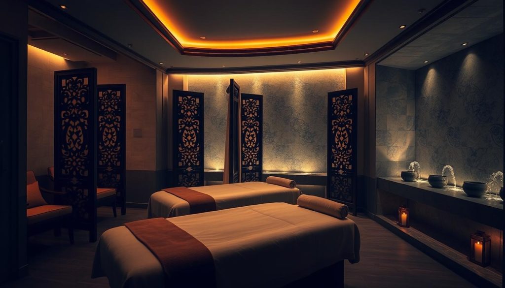 A serene, dimly lit wellness spa in Istanbul's historic district. Soft, warm lighting illuminates luxurious massage tables and plush, inviting fabrics. Ornate, carved wooden screens create intimate alcoves for individual treatments, while the distant sound of trickling water fountains evokes a sense of tranquility. The scene exudes an atmosphere of renewal and rejuvenation, with muted, earthy tones and the subtle aroma of soothing essential oils. A haven of mental and physical restoration, showcasing the unique wellness offerings found within the vibrant heart of Istanbul. A serene, dimly lit wellness spa in Istanbul's historic district. Soft, warm lighting illuminates luxurious massage tables and plush, inviting fabrics. Ornate, carved wooden screens create intimate alcoves for individual treatments, while the distant sound of trickling water fountains evokes a sense of tranquility. The scene exudes an atmosphere of renewal and rejuvenation, with muted, earthy tones and the subtle aroma of soothing essential oils. A haven of mental and physical restoration, showcasing the unique wellness offerings found within the vibrant heart of Istanbul.
