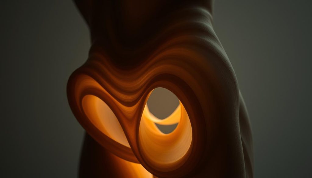 A serene, ethereal composition showcasing the intricate interlacing of sinuous kan (muscle) and delicate doku (connective tissue), captured in a chiaroscuro-inspired lighting setup. The form's organic contours undulate gracefully, conveying a sense of movement and fluidity, as if caught in a fleeting moment of repose. The muted, earthy color palette evokes a sense of tranquility and introspection, inviting the viewer to appreciate the inherent beauty and complexity of the human anatomy. The image is framed to emphasize the sculptural quality of the subject, shot from a low angle with a shallow depth of field to accentuate the interplay of light and shadow across the rippling surface.