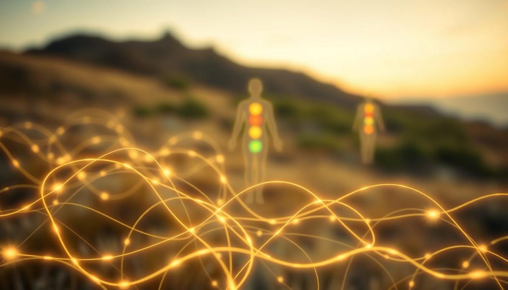 A serene, ethereal landscape depicting the flow of energy through the human body. In the foreground, a glowing network of luminous pathways intertwines, pulsing with a gentle, wavelike rhythm. The middle ground showcases a stylized anatomical representation of the body's meridians and chakras, their centers shimmering with vibrant, kaleidoscopic energy. The background features a softly blurred, natural setting, with hints of lush vegetation and a tranquil sky, conveying a sense of harmony and balance. The lighting is warm and diffused, creating a soothing, meditative atmosphere. Captured with a wide-angle lens, the composition emphasizes the interconnectedness of the body's energetic systems. A serene, ethereal landscape depicting the flow of energy through the human body. In the foreground, a glowing network of luminous pathways intertwines, pulsing with a gentle, wavelike rhythm. The middle ground showcases a stylized anatomical representation of the body's meridians and chakras, their centers shimmering with vibrant, kaleidoscopic energy. The background features a softly blurred, natural setting, with hints of lush vegetation and a tranquil sky, conveying a sense of harmony and balance. The lighting is warm and diffused, creating a soothing, meditative atmosphere. Captured with a wide-angle lens, the composition emphasizes the interconnectedness of the body's energetic systems.