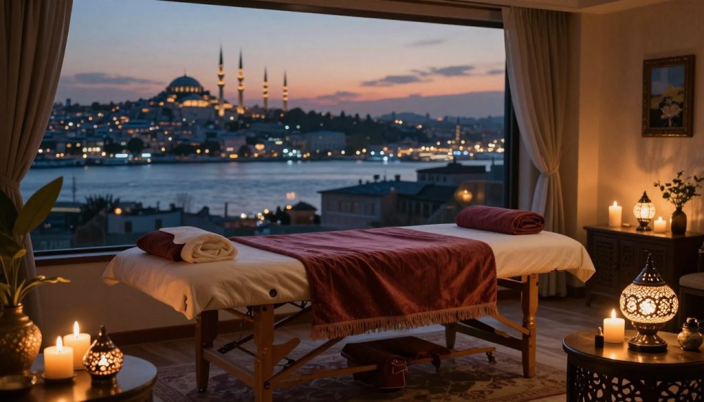 A serene evening scene in Istanbul, showcasing a luxurious massage service environment. In the foreground, an elegantly arranged massage room adorned with soft candles and intricate Turkish lamps, casting warm, inviting light. In the middle, a plush massage table draped with rich fabrics, surrounded by aromatic essential oils and a peaceful ambiance. The background features a panoramic view of Istanbul's iconic skyline at dusk, with silhouettes of historic mosques and the Bosphorus shimmering under the twilight. The atmosphere is tranquil and soothing, perfect for relaxation and rejuvenation, embodying the essence of an evening massage experience in the bustling city. The image captures the beauty and allure of Istanbul at night, emphasizing opportunities for self-care and wellness. A serene evening scene in Istanbul, showcasing a luxurious massage service environment. In the foreground, an elegantly arranged massage room adorned with soft candles and intricate Turkish lamps, casting warm, inviting light. In the middle, a plush massage table draped with rich fabrics, surrounded by aromatic essential oils and a peaceful ambiance. The background features a panoramic view of Istanbul's iconic skyline at dusk, with silhouettes of historic mosques and the Bosphorus shimmering under the twilight. The atmosphere is tranquil and soothing, perfect for relaxation and rejuvenation, embodying the essence of an evening massage experience in the bustling city. The image captures the beauty and allure of Istanbul at night, emphasizing opportunities for self-care and wellness.