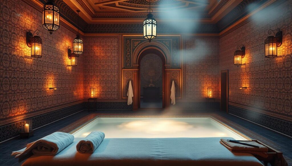A serene hammam interior, illuminated by soft, diffused lighting from ornate lanterns. Intricate tile patterns adorn the walls, creating a soothing, calming ambiance. In the foreground, a massage table is positioned, with plush towels and aromatic oils nearby, hinting at the restorative treatment to come. The middle ground features a tranquil, steaming pool, surrounded by ornate architectural details that evoke the rich cultural heritage of this traditional spa setting. In the background, a mist-like haze adds to the sense of relaxation and rejuvenation. The overall scene conveys the health benefits of the hammam massage experience, promoting physical and mental wellbeing. A serene hammam interior, illuminated by soft, diffused lighting from ornate lanterns. Intricate tile patterns adorn the walls, creating a soothing, calming ambiance. In the foreground, a massage table is positioned, with plush towels and aromatic oils nearby, hinting at the restorative treatment to come. The middle ground features a tranquil, steaming pool, surrounded by ornate architectural details that evoke the rich cultural heritage of this traditional spa setting. In the background, a mist-like haze adds to the sense of relaxation and rejuvenation. The overall scene conveys the health benefits of the hammam massage experience, promoting physical and mental wellbeing.
