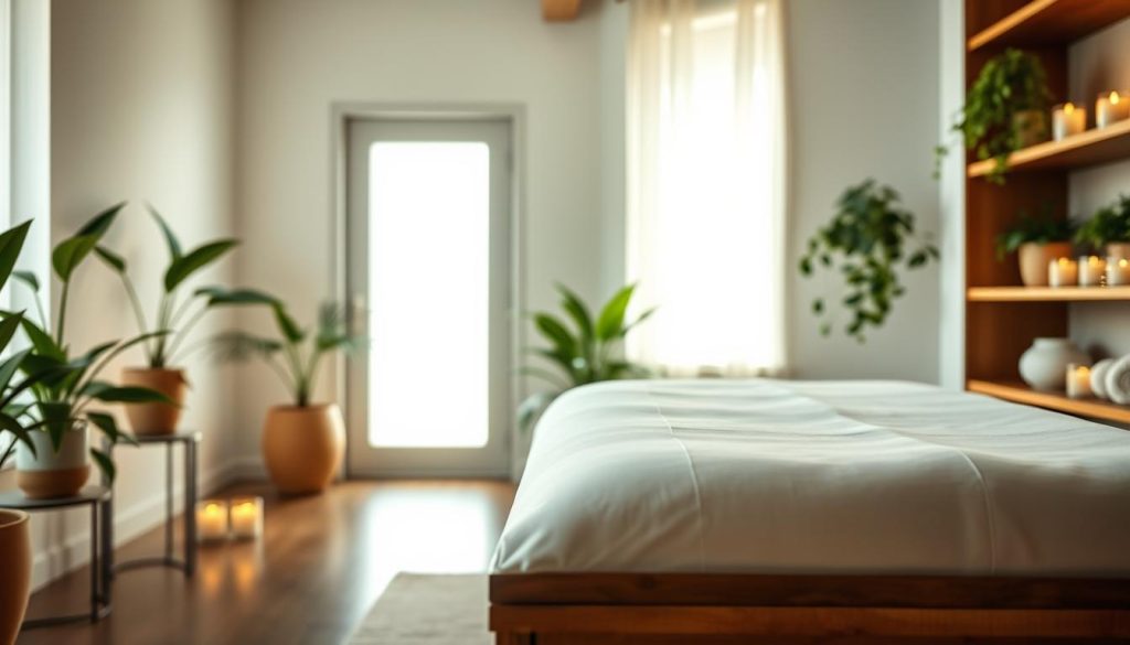 A serene, holistic wellness scene. Soft, diffused natural lighting illuminates a minimalist, zen-inspired interior. In the foreground, a wooden massage table with crisp, white linens invites the viewer to experience a moment of tranquility. Lush, verdant potted plants line the shelves, their leaves gently swaying. Calming aromatherapy candles flicker, casting a warm, soothing glow. The overall atmosphere is one of balance, harmony, and restorative calm - a sanctuary for the mind, body, and spirit. A serene, holistic wellness scene. Soft, diffused natural lighting illuminates a minimalist, zen-inspired interior. In the foreground, a wooden massage table with crisp, white linens invites the viewer to experience a moment of tranquility. Lush, verdant potted plants line the shelves, their leaves gently swaying. Calming aromatherapy candles flicker, casting a warm, soothing glow. The overall atmosphere is one of balance, harmony, and restorative calm - a sanctuary for the mind, body, and spirit.