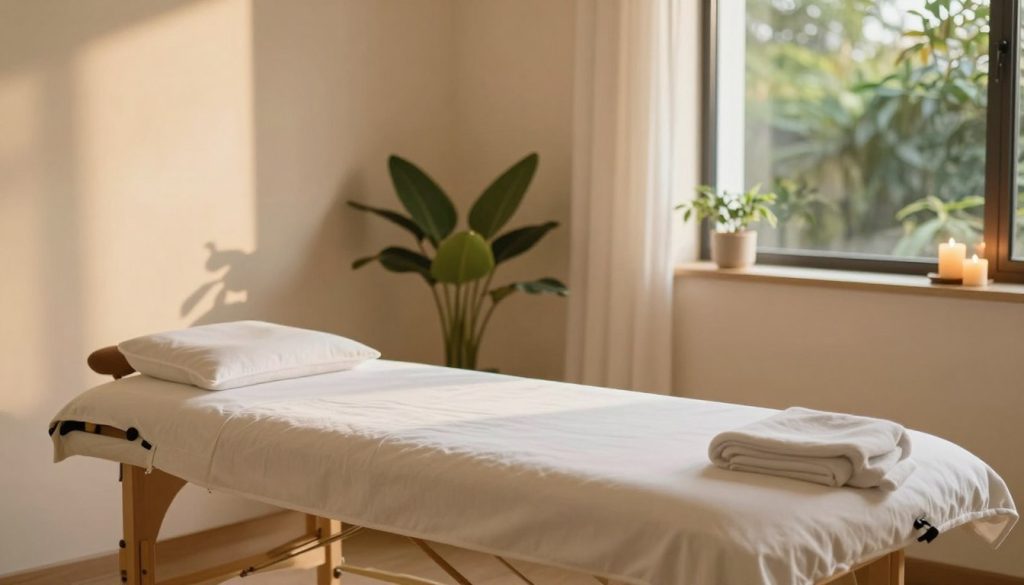 A serene home environment designed for massage therapy, featuring a well-lit room with soft, warm lighting. In the foreground, a massage table is elegantly arranged with clean, comfortable linens, surrounded by soothing elements like candles and essential oil diffusers. In the middle, a peaceful ambiance is enhanced by natural plants and soft, calming colors on the walls. In the background, a window reveals a glimpse of calm greenery outside, allowing gentle sunlight to filter through, creating a warm glow. The overall atmosphere is tranquil and inviting, ideal for relaxation and healing, emphasizing the idea of home-based massage therapy without any human figures present. A serene home environment designed for massage therapy, featuring a well-lit room with soft, warm lighting. In the foreground, a massage table is elegantly arranged with clean, comfortable linens, surrounded by soothing elements like candles and essential oil diffusers. In the middle, a peaceful ambiance is enhanced by natural plants and soft, calming colors on the walls. In the background, a window reveals a glimpse of calm greenery outside, allowing gentle sunlight to filter through, creating a warm glow. The overall atmosphere is tranquil and inviting, ideal for relaxation and healing, emphasizing the idea of home-based massage therapy without any human figures present.