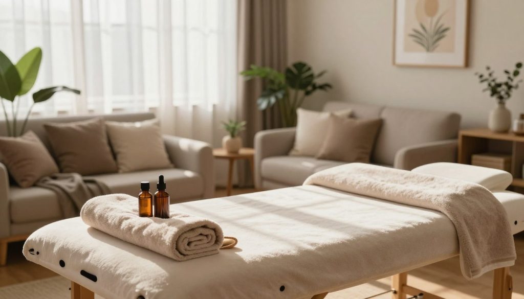 A serene home massage setting, emphasizing comfort and flexibility. In the foreground, a plush massage table adorned with soft towels and aromatic essential oils. The middle ground features a cozy living room with a warm, inviting atmosphere; natural light streams in through sheer curtains, casting gentle shadows. A well-organized space with calming decor, such as plants and soothing artwork, enhances tranquility. In the background, soft pillows and blankets are arranged on a sofa, suggesting a casual, relaxing environment. The color palette is warm, utilizing soft browns and soothing greens to evoke peace. The overall mood is peaceful and rejuvenating, inviting one to unwind and enjoy the luxury of a home massage experience. A serene home massage setting, emphasizing comfort and flexibility. In the foreground, a plush massage table adorned with soft towels and aromatic essential oils. The middle ground features a cozy living room with a warm, inviting atmosphere; natural light streams in through sheer curtains, casting gentle shadows. A well-organized space with calming decor, such as plants and soothing artwork, enhances tranquility. In the background, soft pillows and blankets are arranged on a sofa, suggesting a casual, relaxing environment. The color palette is warm, utilizing soft browns and soothing greens to evoke peace. The overall mood is peaceful and rejuvenating, inviting one to unwind and enjoy the luxury of a home massage experience.