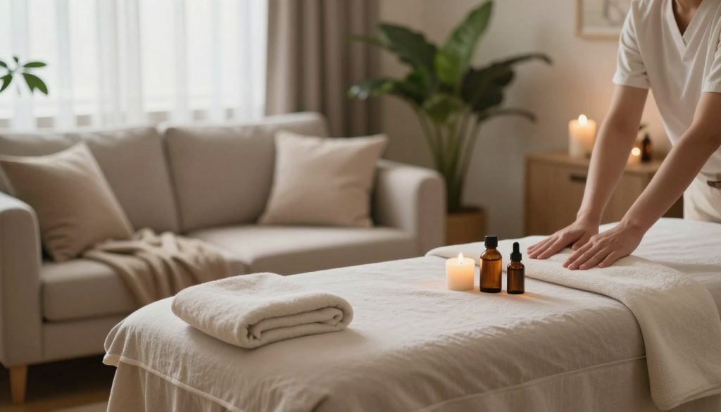 A serene home massage setting featuring a cozy living room environment. In the foreground, a plush massage table draped in soft, neutral-colored linens, set up with aromatic candles and calming essential oils. The middle layer showcases a soothing ambiance, with soft cushions and a blanket on a sofa, along with a few green houseplants for a fresh touch. In the background, a softly lit window with sheer curtains allows natural light to filter in, creating a warm, inviting atmosphere. The overall mood is peaceful and relaxing, reflecting the choice between at-home comfort and a professional salon experience. Use soft, diffused lighting to enhance the tranquility of the scene, with a focus on warm color tones. A serene home massage setting featuring a cozy living room environment. In the foreground, a plush massage table draped in soft, neutral-colored linens, set up with aromatic candles and calming essential oils. The middle layer showcases a soothing ambiance, with soft cushions and a blanket on a sofa, along with a few green houseplants for a fresh touch. In the background, a softly lit window with sheer curtains allows natural light to filter in, creating a warm, inviting atmosphere. The overall mood is peaceful and relaxing, reflecting the choice between at-home comfort and a professional salon experience. Use soft, diffused lighting to enhance the tranquility of the scene, with a focus on warm color tones.