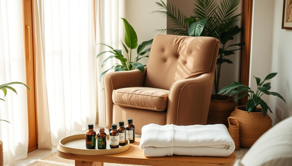 A serene home setting with a plush, oversized armchair positioned in a sunlit corner. Soft, diffused lighting filters through sheer curtains, casting a warm, calming glow. On a low table beside the chair, an array of massage oils, candles, and a fluffy towel create an inviting, spa-like ambiance. The room is decorated with lush, verdant plants and natural wood accents, conveying a sense of tranquility and wellness. The overall scene evokes a peaceful, self-care retreat where one can indulge in the restorative practice of in-home massage. A serene home setting with a plush, oversized armchair positioned in a sunlit corner. Soft, diffused lighting filters through sheer curtains, casting a warm, calming glow. On a low table beside the chair, an array of massage oils, candles, and a fluffy towel create an inviting, spa-like ambiance. The room is decorated with lush, verdant plants and natural wood accents, conveying a sense of tranquility and wellness. The overall scene evokes a peaceful, self-care retreat where one can indulge in the restorative practice of in-home massage.