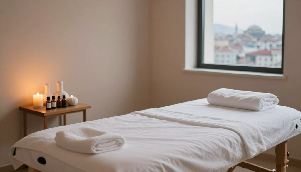 A serene, inviting massage therapy room, emphasizing budget-friendly options, with soft, warm lighting creating a calming atmosphere. The foreground features a neatly arranged massage table with crisp, clean linens and soothing essential oils displayed on a small side table. In the middle, a selection of therapeutic tools like aromatherapy candles and massage stones are artistically arranged, highlighting affordable self-care. The background shows soft, muted colors on the walls, with a peaceful window view overlooking a tranquil cityscape of Istanbul, suggesting accessibility and relaxation. The overall mood is tranquil and welcoming, conveying a sense of affordable luxury without human figures, ensuring a focus on the environment and ambiance of budget-conscious massage experiences. A serene, inviting massage therapy room, emphasizing budget-friendly options, with soft, warm lighting creating a calming atmosphere. The foreground features a neatly arranged massage table with crisp, clean linens and soothing essential oils displayed on a small side table. In the middle, a selection of therapeutic tools like aromatherapy candles and massage stones are artistically arranged, highlighting affordable self-care. The background shows soft, muted colors on the walls, with a peaceful window view overlooking a tranquil cityscape of Istanbul, suggesting accessibility and relaxation. The overall mood is tranquil and welcoming, conveying a sense of affordable luxury without human figures, ensuring a focus on the environment and ambiance of budget-conscious massage experiences.