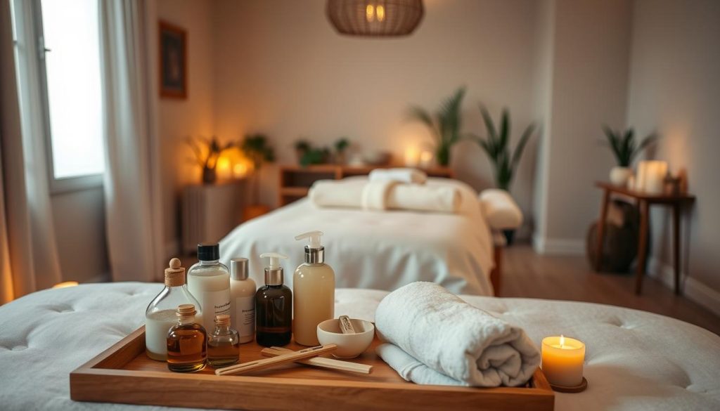A serene, inviting spa-like setting with dim lighting, soft linens, and soothing aromatherapy candles. The foreground features an array of massage oils, lotions, and tools neatly arranged on a wooden tray. In the middle ground, plush towels and a massage table covered in crisp white sheets, ready to welcome a relaxing experience. The background depicts a calming, minimalist interior with neutral tones and natural elements like potted plants, creating a tranquil atmosphere. The overall scene exudes a sense of anticipation and preparation for a luxurious massage therapy session. A serene, inviting spa-like setting with dim lighting, soft linens, and soothing aromatherapy candles. The foreground features an array of massage oils, lotions, and tools neatly arranged on a wooden tray. In the middle ground, plush towels and a massage table covered in crisp white sheets, ready to welcome a relaxing experience. The background depicts a calming, minimalist interior with neutral tones and natural elements like potted plants, creating a tranquil atmosphere. The overall scene exudes a sense of anticipation and preparation for a luxurious massage therapy session.