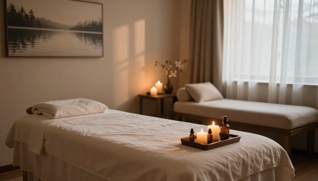 A serene, luxurious massage therapy room designed to evoke a sense of relaxation and tranquility. In the foreground, a beautifully arranged massage table with plush linens, aromatic candles emitting a soft, warm glow, and essential oils placed neatly beside it. The middle ground features elegant decor, including soothing wall art that reflects calm water themes and comfortable seating. In the background, a softly lit window allowing natural light to filter through sheer curtains, casting gentle shadows across the room. The atmosphere is peaceful and inviting, emphasizing themes of quality service and customer satisfaction in the massage experience. The overall lighting is warm and soft, creating a soothing environment. A serene, luxurious massage therapy room designed to evoke a sense of relaxation and tranquility. In the foreground, a beautifully arranged massage table with plush linens, aromatic candles emitting a soft, warm glow, and essential oils placed neatly beside it. The middle ground features elegant decor, including soothing wall art that reflects calm water themes and comfortable seating. In the background, a softly lit window allowing natural light to filter through sheer curtains, casting gentle shadows across the room. The atmosphere is peaceful and inviting, emphasizing themes of quality service and customer satisfaction in the massage experience. The overall lighting is warm and soft, creating a soothing environment.