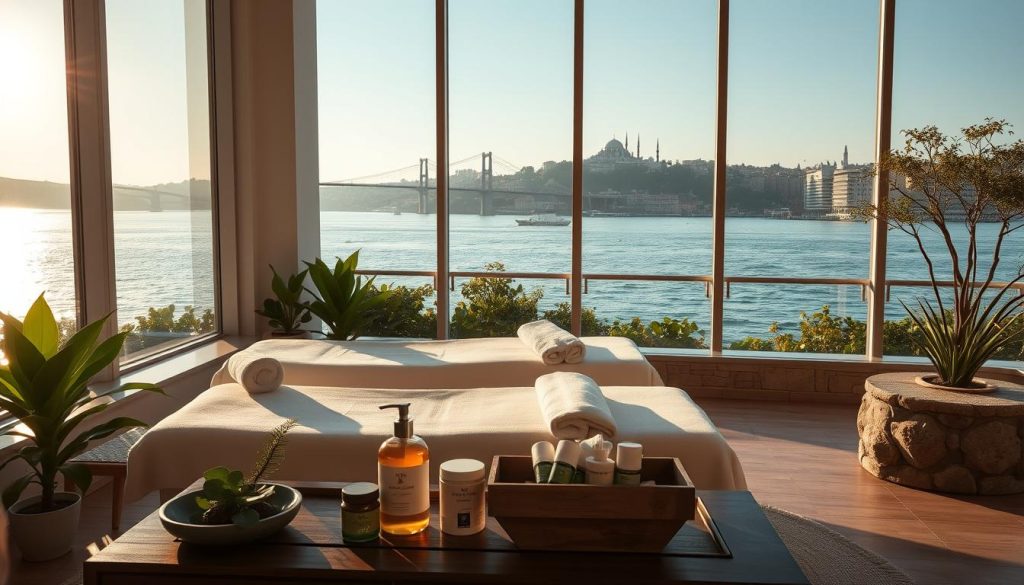 A serene, luxurious spa nestled along the picturesque Bosphorus coast of Istanbul. Sunlight filters through large windows, casting a warm glow on the minimalist, zen-inspired interior. Plush white massage tables are positioned to offer breathtaking views of the Bosphorus Strait and its iconic bridges. Lush greenery and natural stone accents create a soothing, nature-inspired ambiance. Soft lighting and the gentle lapping of waves evoke a sense of tranquility and relaxation. A table in the foreground holds an array of organic, aromatherapy-infused bath products. In the distance, the silhouettes of historic Ottoman palaces and modern skyscrapers dot the horizon, blending the old and new. A serene, luxurious spa nestled along the picturesque Bosphorus coast of Istanbul. Sunlight filters through large windows, casting a warm glow on the minimalist, zen-inspired interior. Plush white massage tables are positioned to offer breathtaking views of the Bosphorus Strait and its iconic bridges. Lush greenery and natural stone accents create a soothing, nature-inspired ambiance. Soft lighting and the gentle lapping of waves evoke a sense of tranquility and relaxation. A table in the foreground holds an array of organic, aromatherapy-infused bath products. In the distance, the silhouettes of historic Ottoman palaces and modern skyscrapers dot the horizon, blending the old and new.