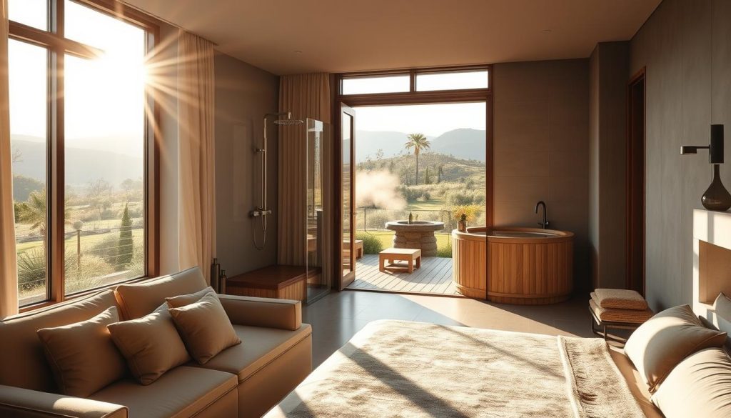 A serene, luxurious spa retreat nestled in the tranquil Anatolian hills. Sunlight filters through large windows, casting a warm glow over plush, high-end furnishings. Soft textures of velvet and natural wood create a soothing, elegant ambiance. A sleek, modern glass-enclosed shower stands in the corner, steam rising from the rainfall showerhead. The room opens to a private balcony overlooking a manicured garden, where a wooden hot tub beckons for a relaxing soak. Muted tones of beige, gray, and gold evoke a sense of refined sophistication. This is a premium, peaceful experience catered to those seeking the finest in relaxation and indulgence. A serene, luxurious spa retreat nestled in the tranquil Anatolian hills. Sunlight filters through large windows, casting a warm glow over plush, high-end furnishings. Soft textures of velvet and natural wood create a soothing, elegant ambiance. A sleek, modern glass-enclosed shower stands in the corner, steam rising from the rainfall showerhead. The room opens to a private balcony overlooking a manicured garden, where a wooden hot tub beckons for a relaxing soak. Muted tones of beige, gray, and gold evoke a sense of refined sophistication. This is a premium, peaceful experience catered to those seeking the finest in relaxation and indulgence.