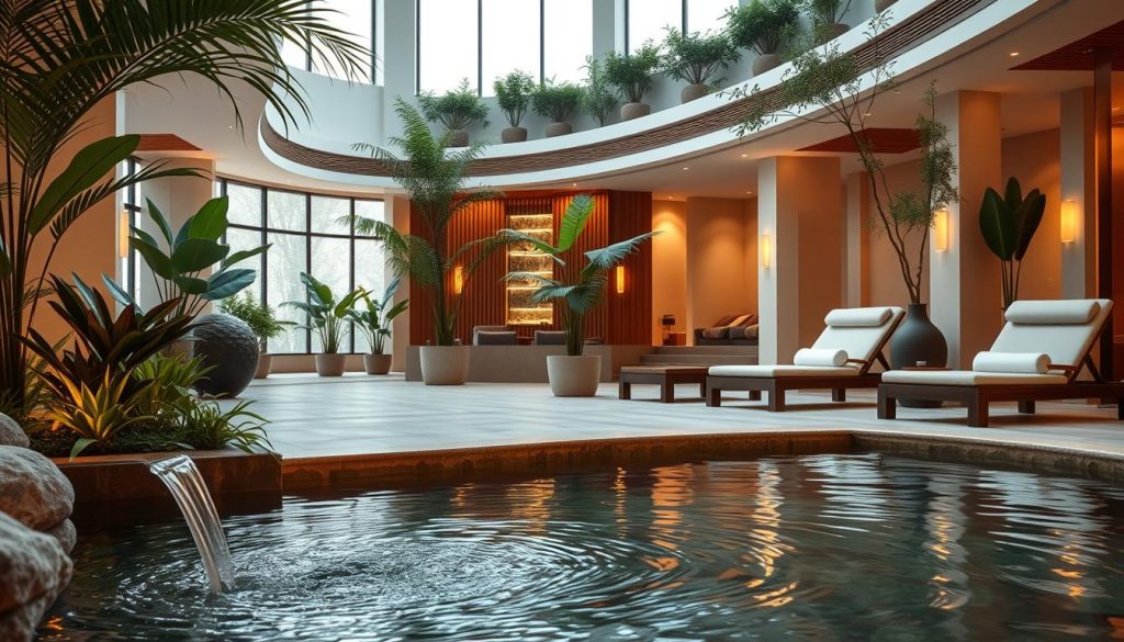 A serene, luxurious spa setting with plush lounge chairs, lush indoor greenery, and soft, diffused lighting. The foreground showcases a tranquil water feature, its soothing sounds complementing the peaceful ambiance. In the middle ground, elegant wooden accents and muted tones evoke a sense of natural, calming sophistication. The background features high ceilings and large windows, allowing natural light to filter in and create a warm, inviting atmosphere. The overall scene exudes an air of exclusivity and relaxation, perfectly capturing the essence of a premium spa experience. A serene, luxurious spa setting with plush lounge chairs, lush indoor greenery, and soft, diffused lighting. The foreground showcases a tranquil water feature, its soothing sounds complementing the peaceful ambiance. In the middle ground, elegant wooden accents and muted tones evoke a sense of natural, calming sophistication. The background features high ceilings and large windows, allowing natural light to filter in and create a warm, inviting atmosphere. The overall scene exudes an air of exclusivity and relaxation, perfectly capturing the essence of a premium spa experience.